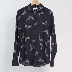 Reiss Lulu Feather Print Button-Down Shirt Men's Large Navy Blue Slim-Fit Casual